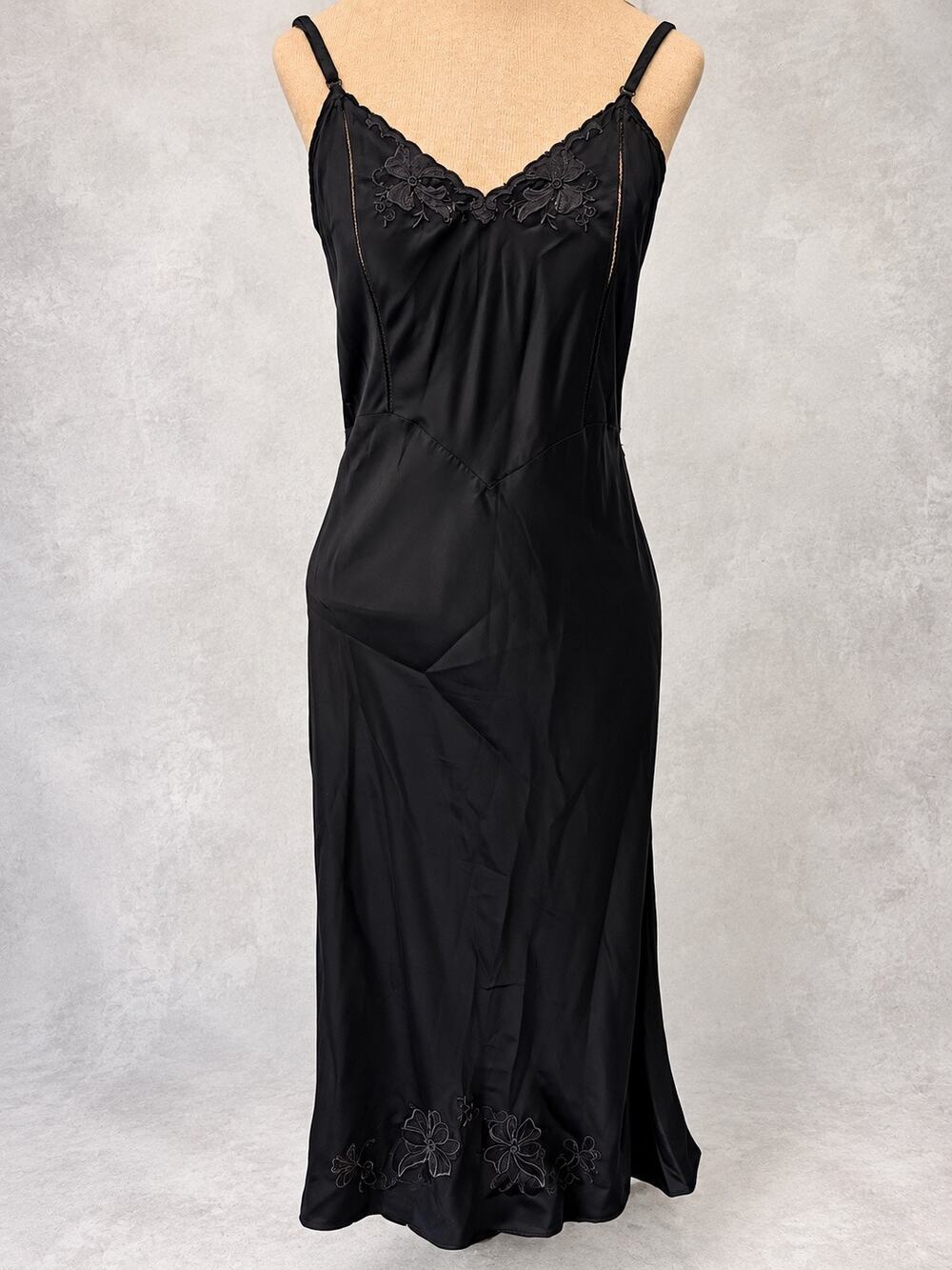 Vintage black satin full slip dress floral applique lingerie romantic goth